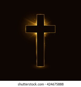 Cross, symbol of the Christian faith on a black glowing background. Vector illustration, eps 10.