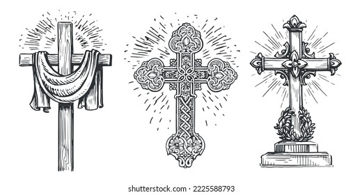 Cross symbol of faith in God. Biblical sign. Catholicism, christianity religious elements. Vintage vector illustration