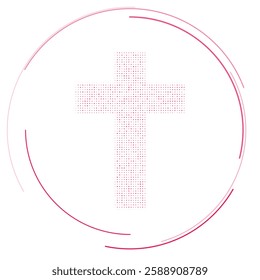 The cross symbol filled with pink dots. Pointillism style. Vector illustration on white background