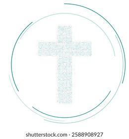 The cross symbol filled with teal dots. Pointillism style. Vector illustration on white background