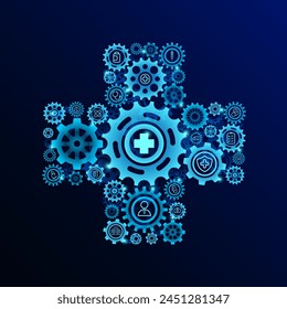 Símbolo cruzado en Ingeniería de engranajes e iconos médicos de la ciencia. Innovación propulsión salud cuidado digital tecnología futurista. Sobre fondo azul oscuro. Ilustración vectorial.