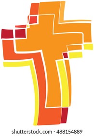 A Cross - Symbol Of The Holy Spirit - Fire Warm Colors Of Pentecost Or Sacrament Of Confirmation.  Orange, Yellow And Red Tones.