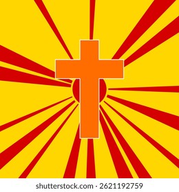 Cross symbol on a background of red flash explosion radial lines. The large orange symbol is located in the center of the sun, symbolizing the sunrise. Vector illustration on yellow background