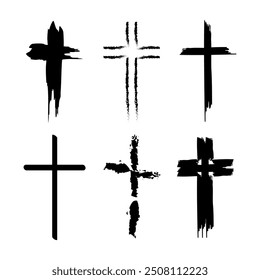 Cross symbol set. Grunge brushstroke crosses. Abstract black and white design. Religious icon collection.