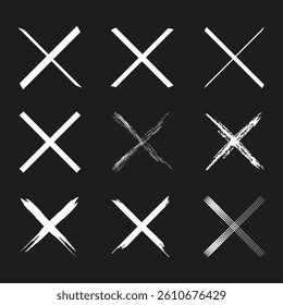 Cross symbol set. Hand-drawn X marks. Abstract rejection icon. White strokes on black.