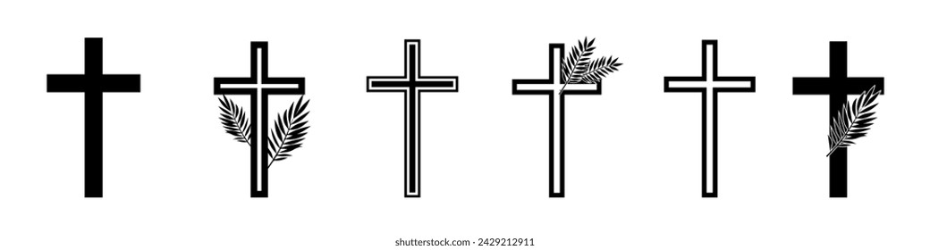 Cross symbol set.Vector christian cross icon.Religion sign.Simple line catholic sign.Palm leaf with a cross. Palm Sunday symbol.