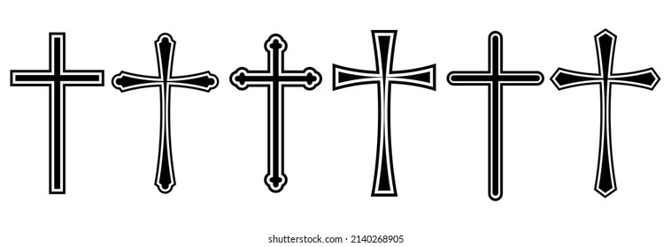 Cross symbol set.Vector christian cross line icon. Black and white religion cross sign.Simple catholic sign.