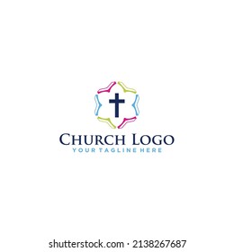 Cross symbol surrounded by abstract book shapes design for a religious logo