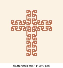 Cross symbol.Geometric vector logo.Decorative religious shape.Christian church sign.Faith ornamental element isolated on light background.Abstract, ethnic design.