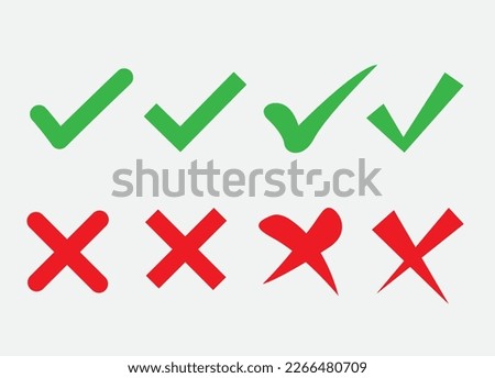 Cross symbols and check mark in flat vector illustration