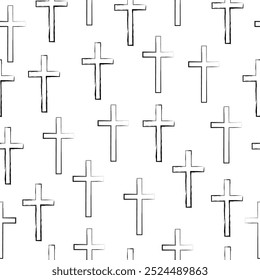 Patrón de cruz sin fisuras grunge dibujado a mano cruces cristianas, símbolos religiosos, Ilustración vectorial de crucifijo aislado sobre fondo blanco.