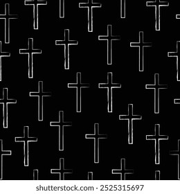 Patrón de cruz sin fisuras grunge dibujado a mano cruces cristianas, símbolos religiosos, Ilustración vectorial de crucifijo aislado sobre fondo negro.