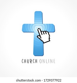 Cross, tap finger and heart radio waves logo. Religious creative christian logotype. Pixel symbol. Isolated abstract graphic web design template. Phone app brand concept, internet live stream emblem.