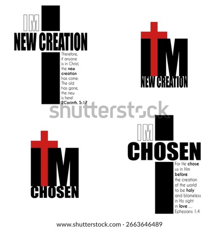 Cross with text. New creation message. Bold chosen words. Christian vector design. Set. EPS 10.