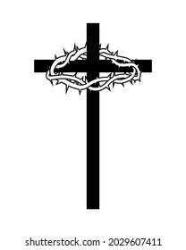 Cross with thorn crown silhouette icon. Clipart image isolated on white background