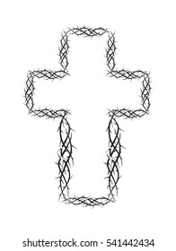 Cross of thorns, black and white simple vector christian illustration, symbol of the passion of Jesus Christ and Lent season.