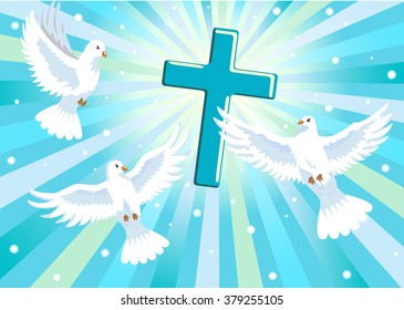 cross with three doves on blue background