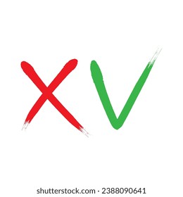 Cross and tick check mark. Grunge mark red x and green v. Right and wrong. Hand drawn vector option, negative and positive vote. Sketch graphic illustration