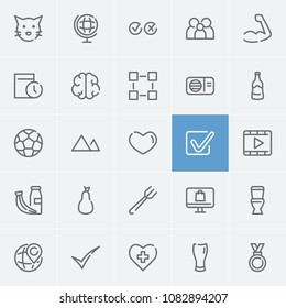 Cross tick icon with ball, medal and fork symbols. Set of select, checkbox, ale icons and tuner concept. Editable vector elements for logo app UI design.