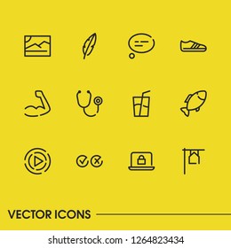 Cross tick icon with feather, cyber security and sneaker symbols. Set of drink, real estate, muscular icons and seafood concept. Editable vector elements for logo app UI design.