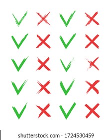 Cross and tick icons. Mark of check. V-green, x-red. Sign of right or wrong. Checkmark-yes, cross-cancel. Set of brush, grunge symbols. Correct checklist with choice, vote, accept and reject. Vector.