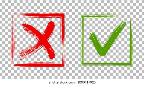 Cross and tick signs, check marks graphic design. Red X and green brush symbolic OK icon in square frames on transparent. Rejection and approval symbol vector buttons for vote, election choice.