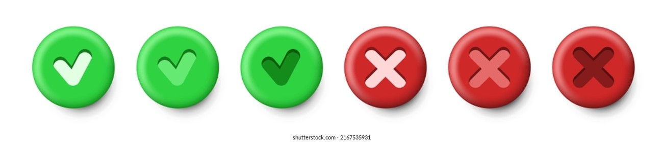 Cross and Tick symbols.  Set of red and green icons Cancel and Check mark. 3d icon. Vector clipart isolated on white background.