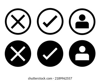 Cross and tick. User icon. Modern style icons are located on white and black backgrounds. The pack has six icons..