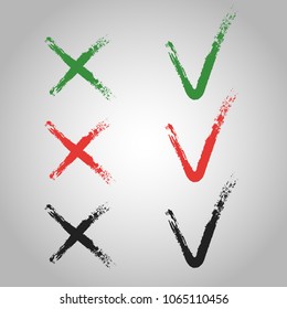 Cross and tick, vector set of executed brushes, on white background. Flat style, the consent or refusal V X.