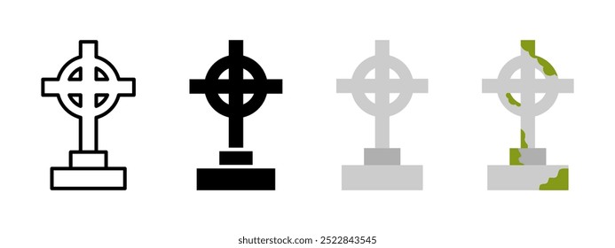 Cross tombstone icon. Gravestone vector illustration. Cemetery cross memorial symbol. Tombstone pictogram. Halloween tomb sign. Burial headstone monument icon. Death concept. Horror crypt isolated.