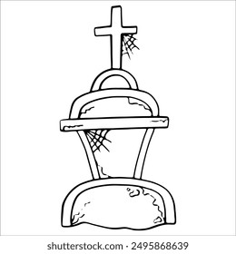 Cross, tombstone, monument, bury, rest in peace. Graphics clipart, doodle, black outline. Happy Halloween holiday.