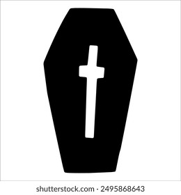 Cross, tombstone, monument, bury, rest in peace. Graphics clipart, doodle, black outline. Happy Halloween holiday.