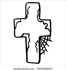 Cross, tombstone, monument, bury, rest in peace. Graphics clipart, doodle, black outline. Happy Halloween holiday.