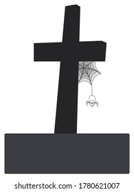 Cross tombstone. Spider and spider web. Vector illustration for Halloween design.  Isolated on a white background