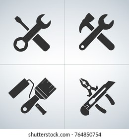 Cross tools icon set, isolated icons on black background, vector illustration