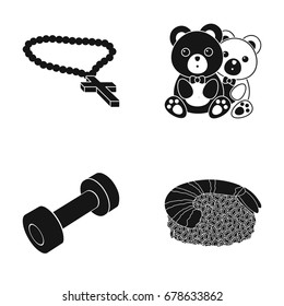 Cross, toy and other web icon in black style.dumbbell, sushi icons in set collection.