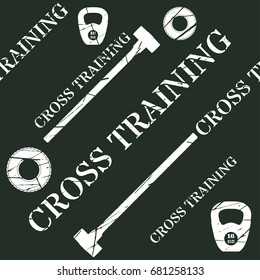 Cross training. Seamless pattern with kettlebell wheel and hammer.
