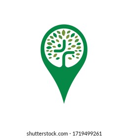 Cross tree and map pointer church logo design. Church and GPS locator symbol or icon.