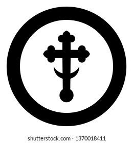 Cross trefoil shamrock on church cupola domical with half-moon Cross monogram Religious cross icon in circle round black color vector illustration flat style simple image