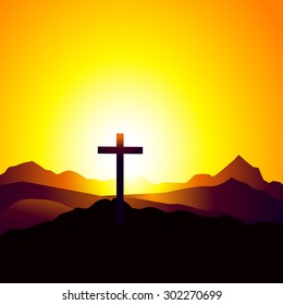 Cross Under Sunrise on Mountain