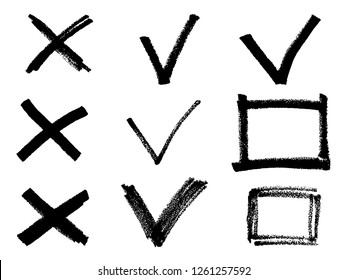 Cross vector check line marks . Abstract yes and no check marks. Confirm and ignore concept graphics. Correct right and false wrong survey choices.