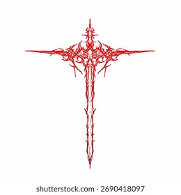 Diseño de Vector cruzado de espina roja con detalles góticos y tribales, símbolo de poder y oscuridad para tatuajes, prendas de vestir o obras de arte metálicas.