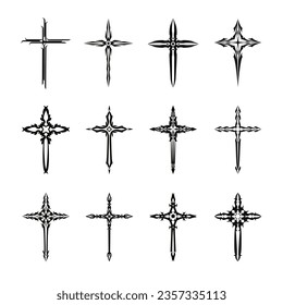 ﻿Christian cross vector icon symbols.  Abstract christian religious belief or faith art illustration for orthodox or catholic design. The symbol of the cross in various designs used in tattoo.