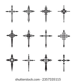 ﻿Christian cross vector icon symbols.  Abstract christian religious belief or faith art illustration for orthodox or catholic design. The symbol of the cross in various designs used in tattoo.