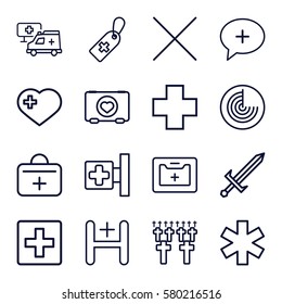 cross vector icons. Set of 16 cross outline icons such as radar, case with heart, hospital, first aid kit, cancel, sword, cemetery