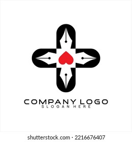 Cross vector logo design with pen and heart symbol in the middle.