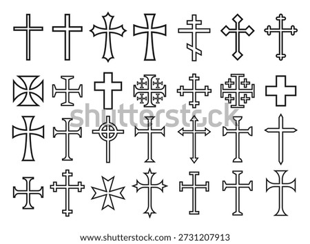Cross vector shape collection  symbol. Christianity sign set. Christian religion icon. Catholic and protestant or orthodox faith logo. Teutonic and templar crusader label. Gothic crusade crucifix.