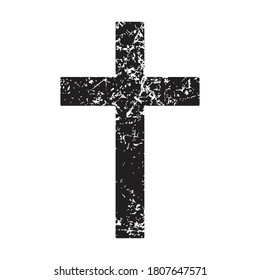 Cross vector shape symbol. Christianity sign with grunge texture. Christian religion icon. Catholic and protestant faith logo or image. Black silhouette isolated on white background.