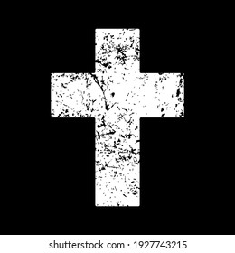 Cross vector shape symbol. Christianity sign with grunge texture. Christian religion icon. Catholic and protestant faith logo or image. Silhouette isolated on background.