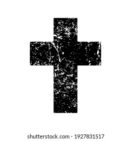 Cross vector shape symbol. Christianity sign with grunge texture. Christian religion icon. Catholic and protestant faith logo or image. Silhouette isolated on background.